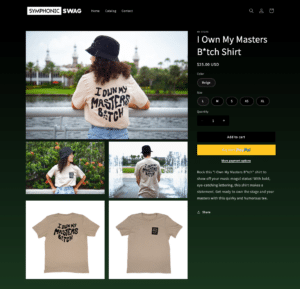 A product page for a "I Own My Masters B*tch" shirt available for $25.00. It shows three color options and four images of the shirt, including a person wearing it with text on the back.